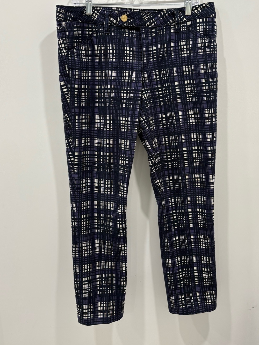 Tory Burch Conner Skinny Pants Women's Size 31 Navy Printed Plaid Stretch Preppy